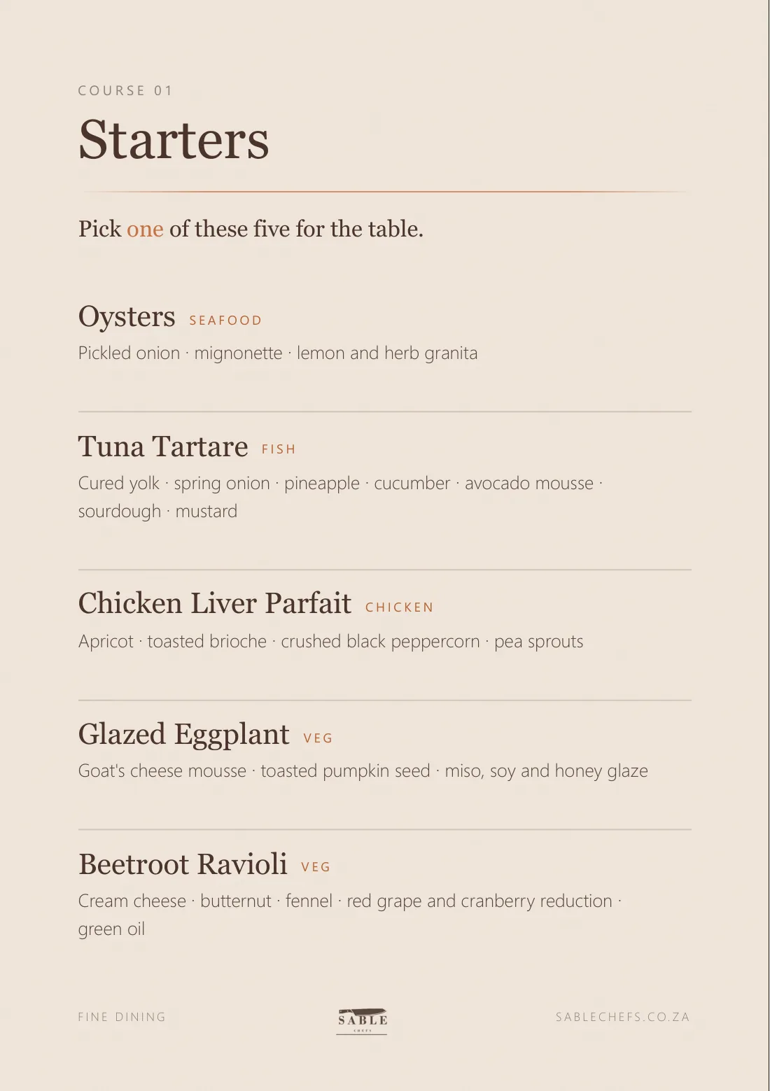 Fine Dining menu, page 3