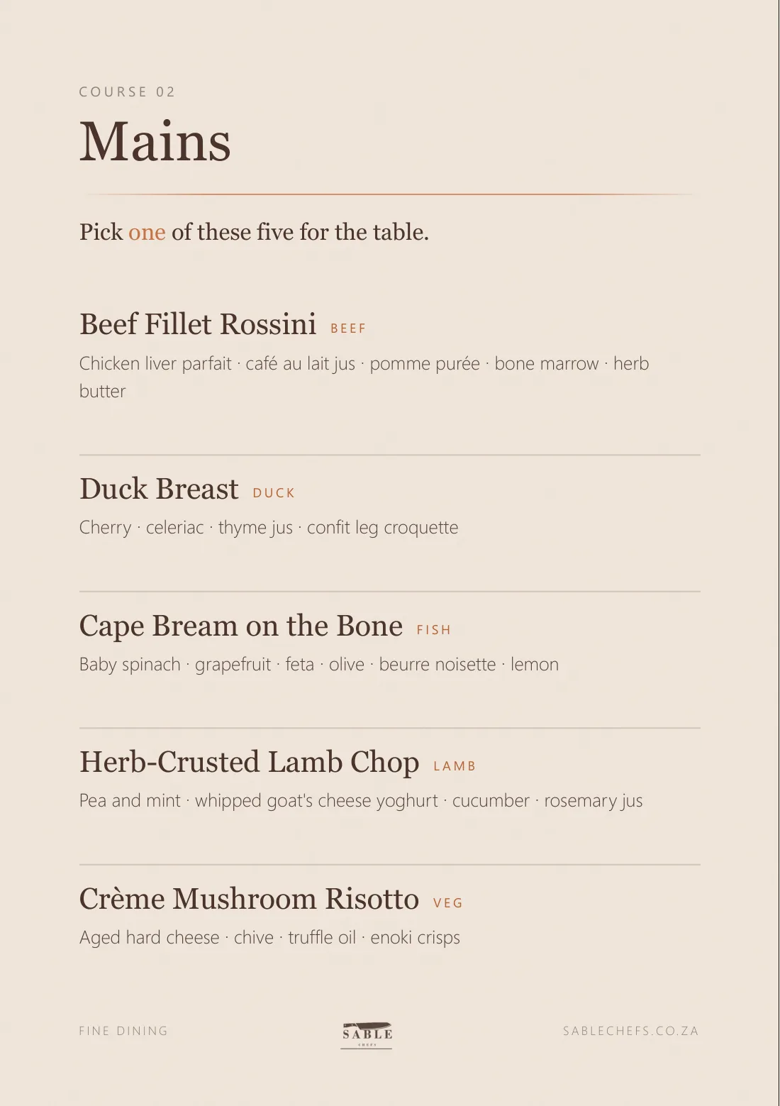 Fine Dining menu, page 4