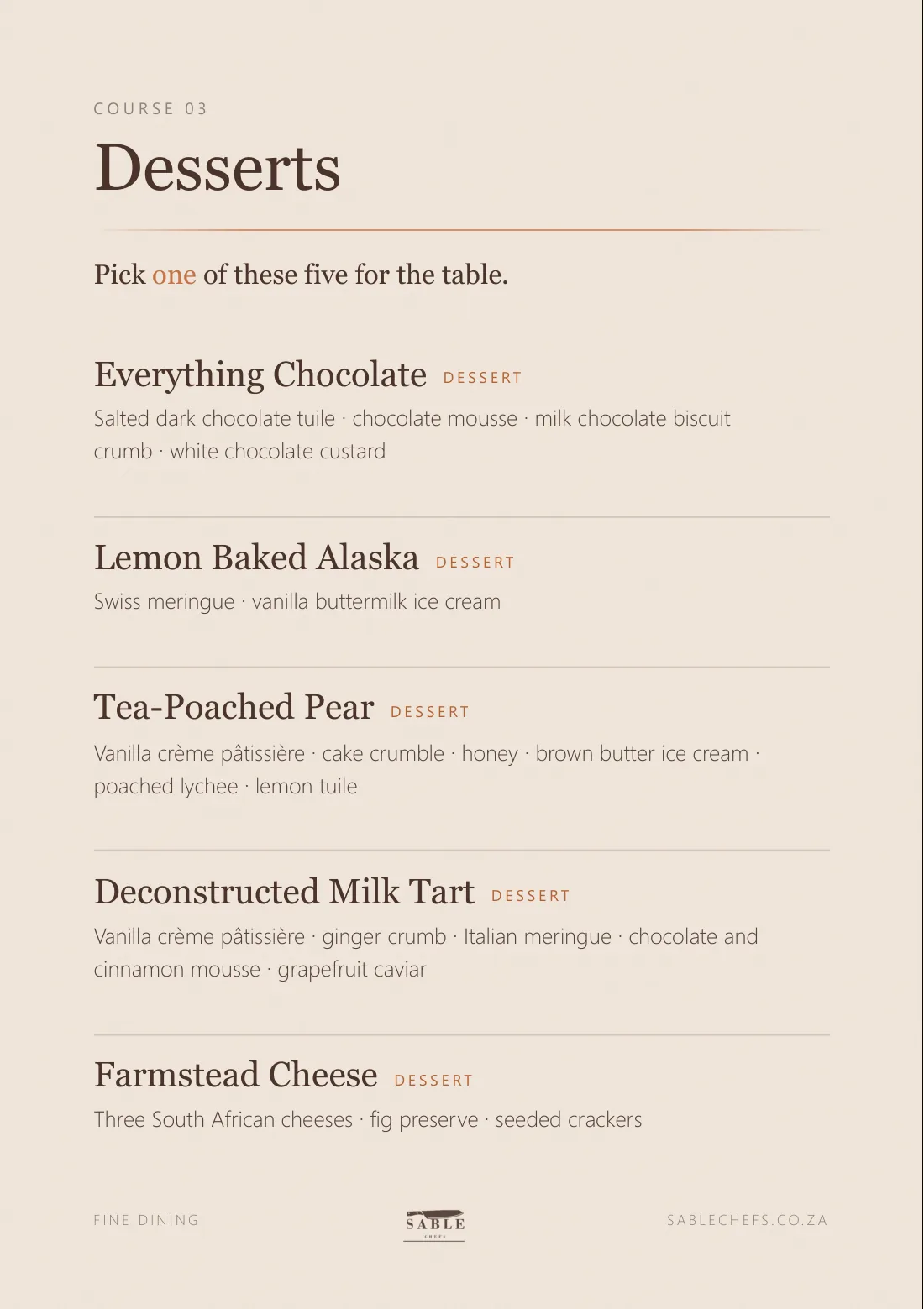 Fine Dining menu, page 5