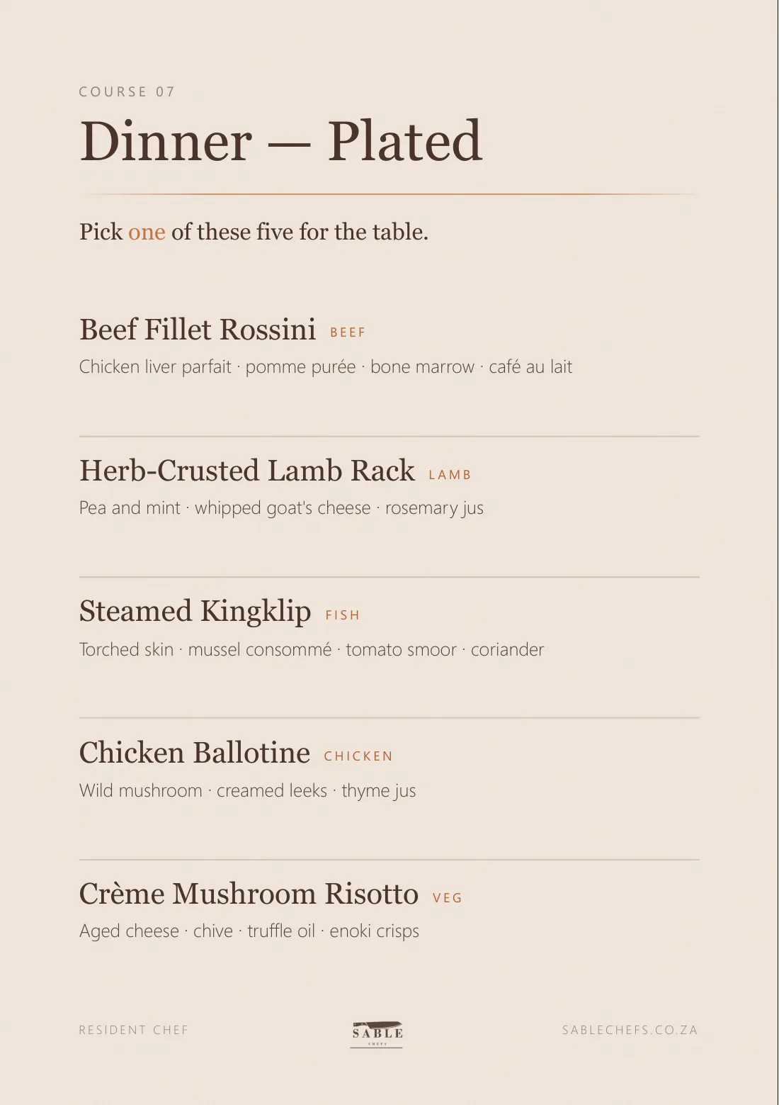 Resident Chef menu, page 9